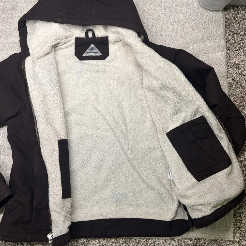 Ridgecut Hooded Work Jacket Womens M Brown Sherpa‎ Lined Canvas Full Zip Coat